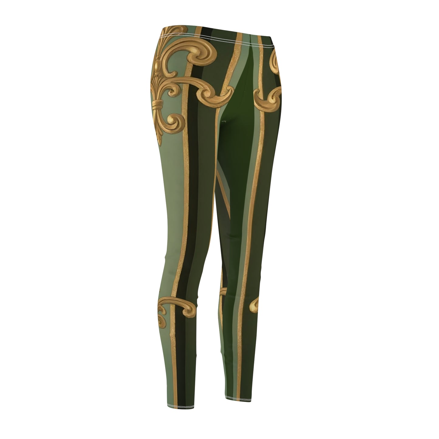 Elegant Women's Leggings with Gold Design, Casual Leggings, Fashion Leggings, Unique Workout Pants - Green Striped Gold Baroque