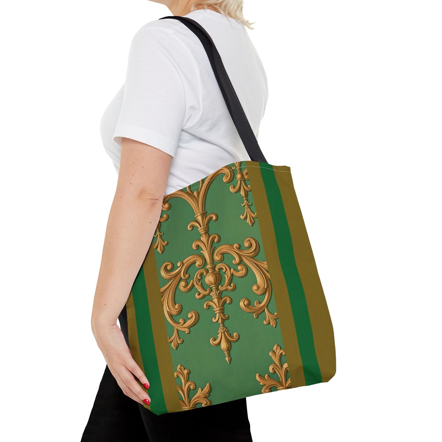 Ornate Floral Tote Bag, Chic Shopping Bag, Fashionable Eco Tote, Stylish Gift for Her, Versatile Everyday Use - Olive Green Striped Rococo