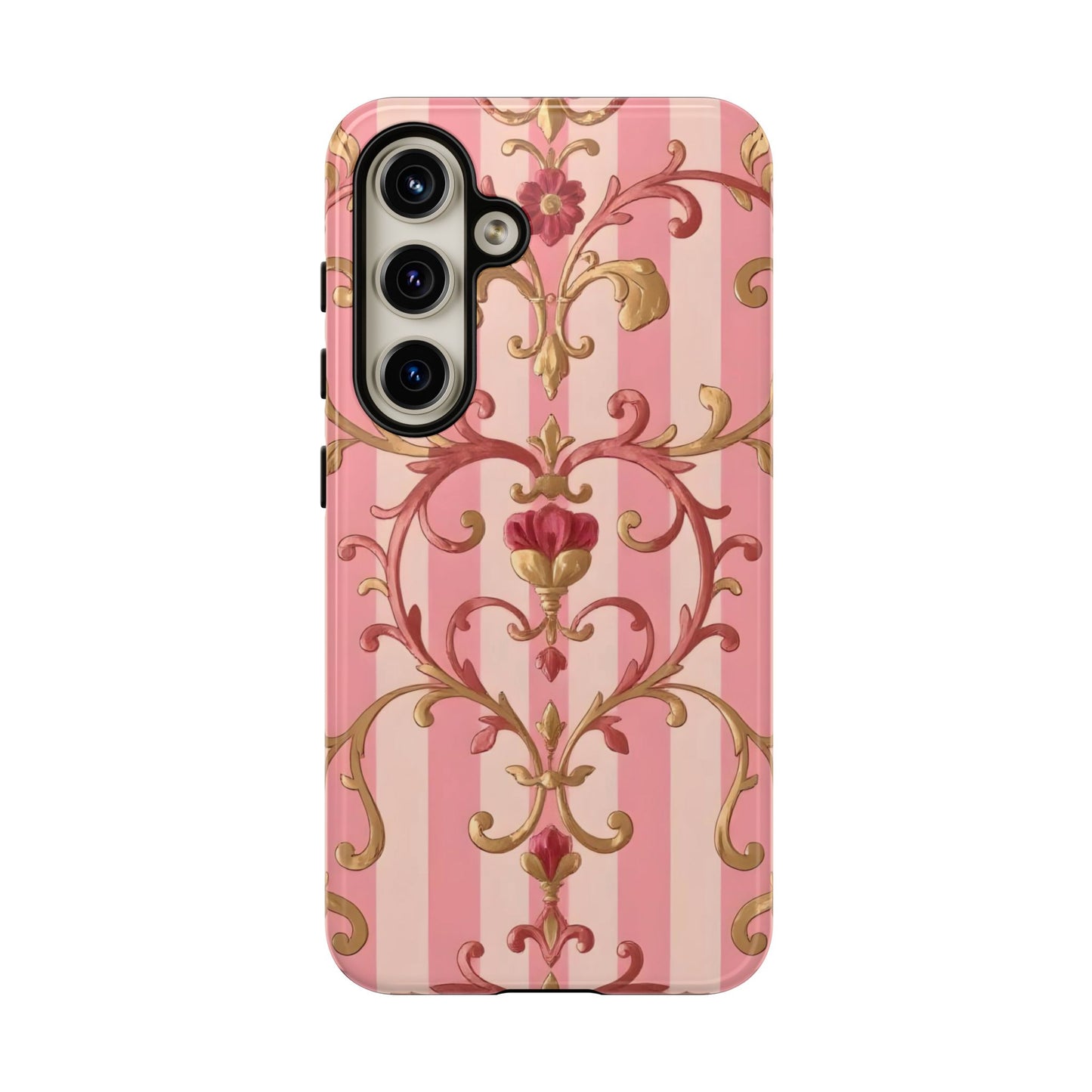 Elegant Floral Motif Phone Case - Tough Cases with Vintage Design - Pink Striped Rose Gold Damask