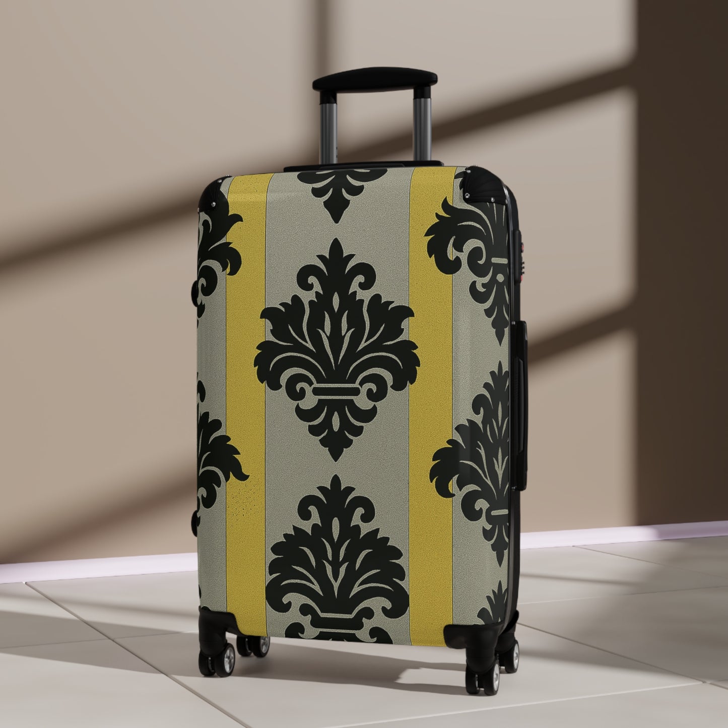 Chic Traveler Suitcase with Elegant Design for Stylish Adventures, Black Luggage, Travel Essential - Silver & Gold Striped Black Baroque
