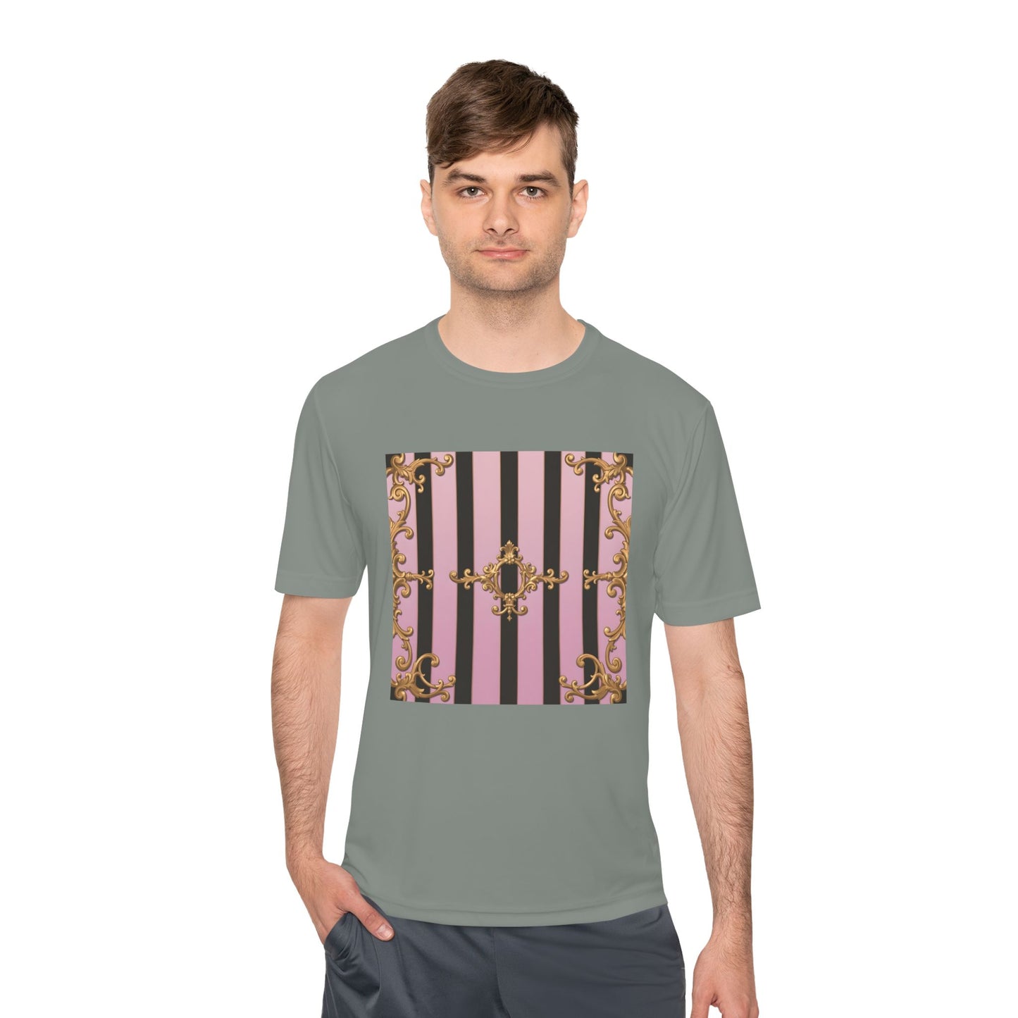Elegant Striped Unisex Moisture Wicking Tee, Stylish Workout T-Shirt, Fashionable Athletic Top - Matte Lavender & Black Striped Gold Baroque