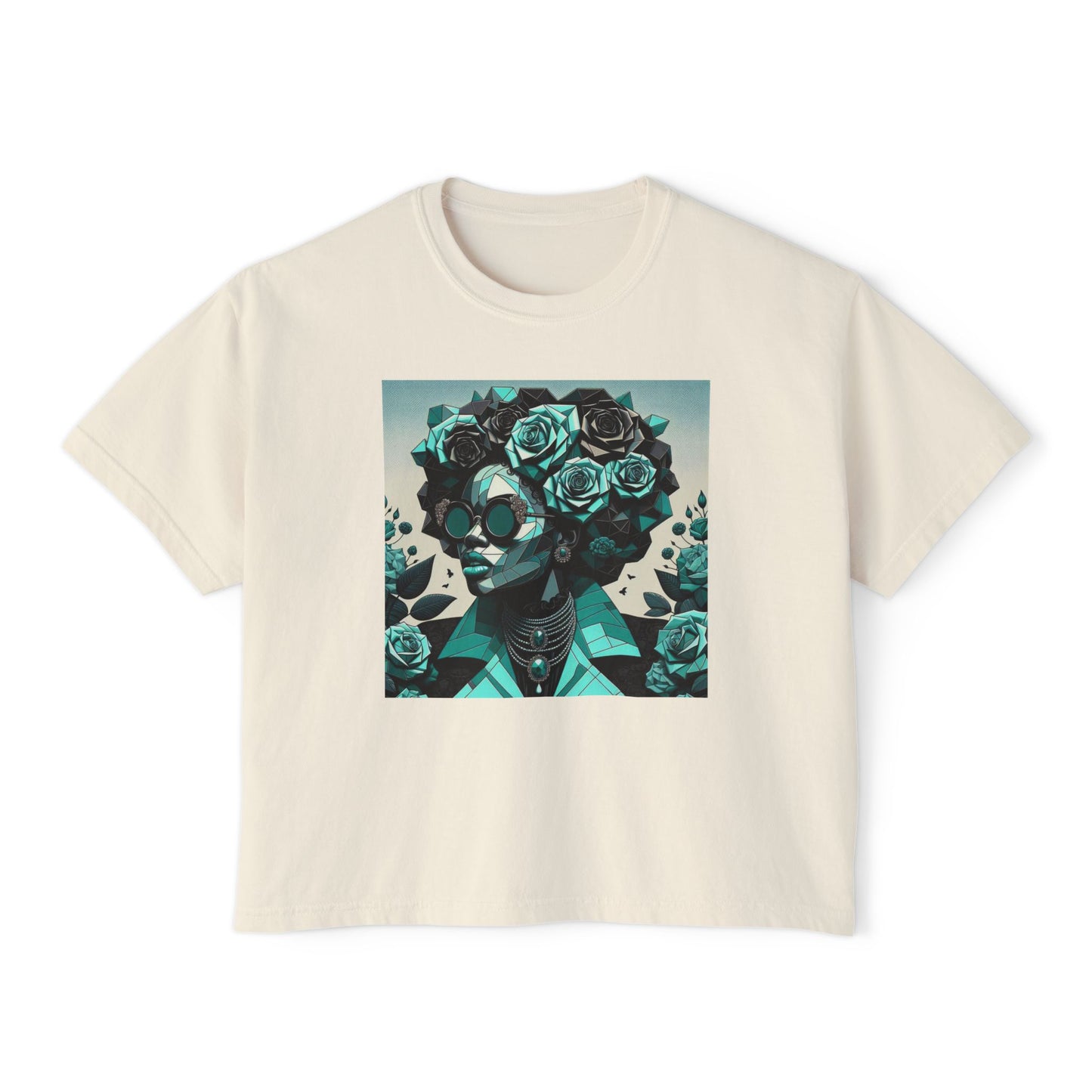 Floral Skull Women's Boxy Tee, Casual Outfit, Graphic Tee, Festival Fashion, Gift for Her - Turquoise & Black Roses Lady