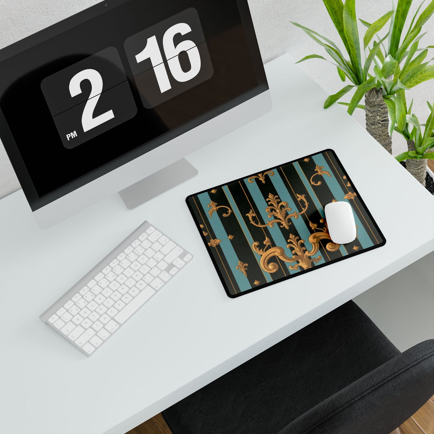 Elegant Black & Gold Desk Mats for Home Office, Stylish Desk Accessories, Work From Home Decor - Black & Turquoise Striped Baroque