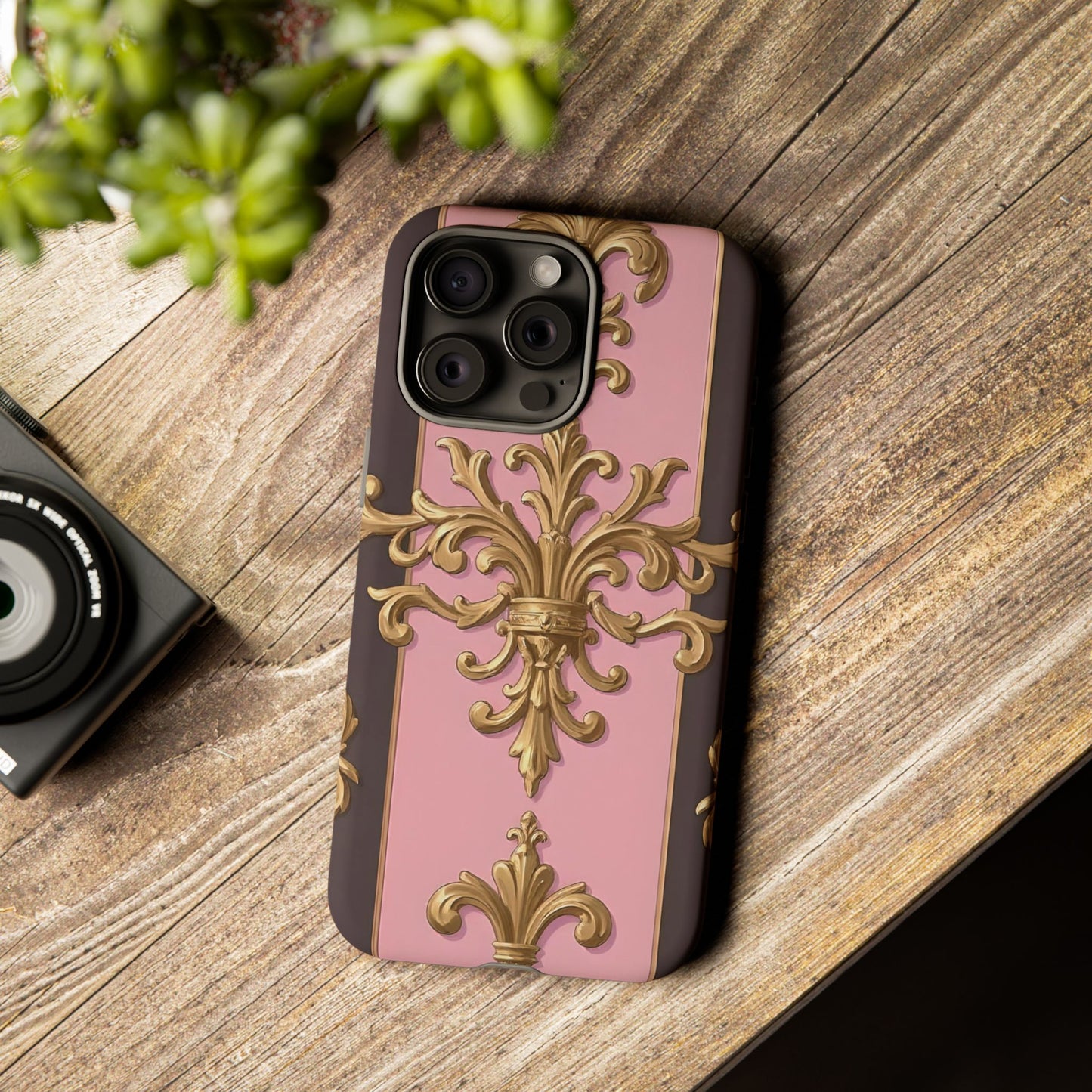 Elegant Floral Motif Phone Case - Tough Cases with Vintage Design - Pink & Brown Striped Gold Damask