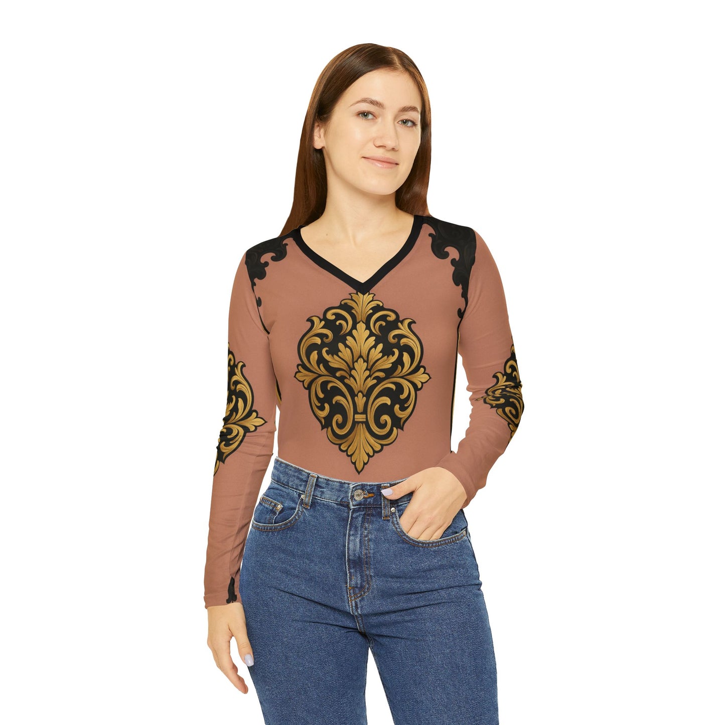 Mauve & Black-Gold Baroque V-Neck Long-Sleeve Top — Women's Ornate Print