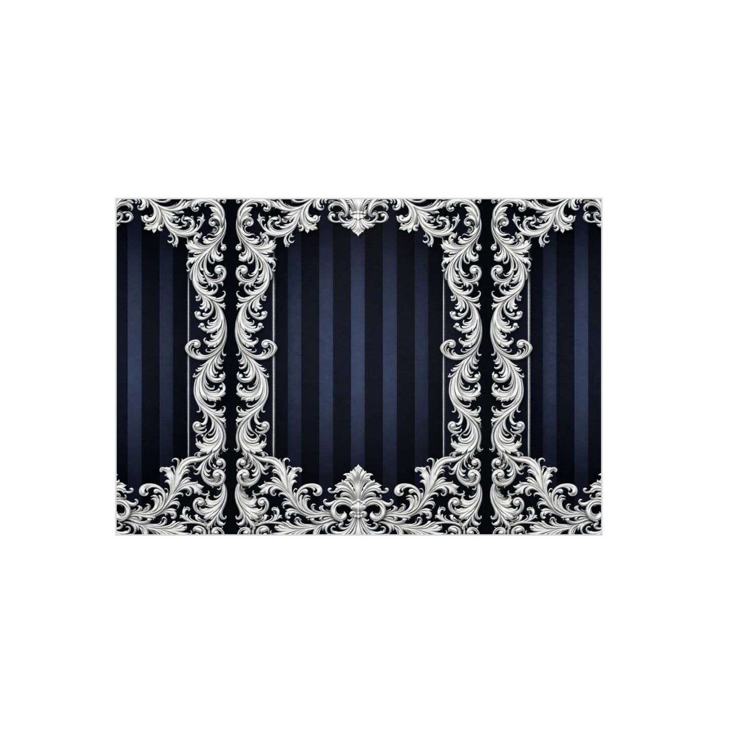 Navy Stripes & Baroque Foam Board Backdrop — Ornate Silver Scroll Panel