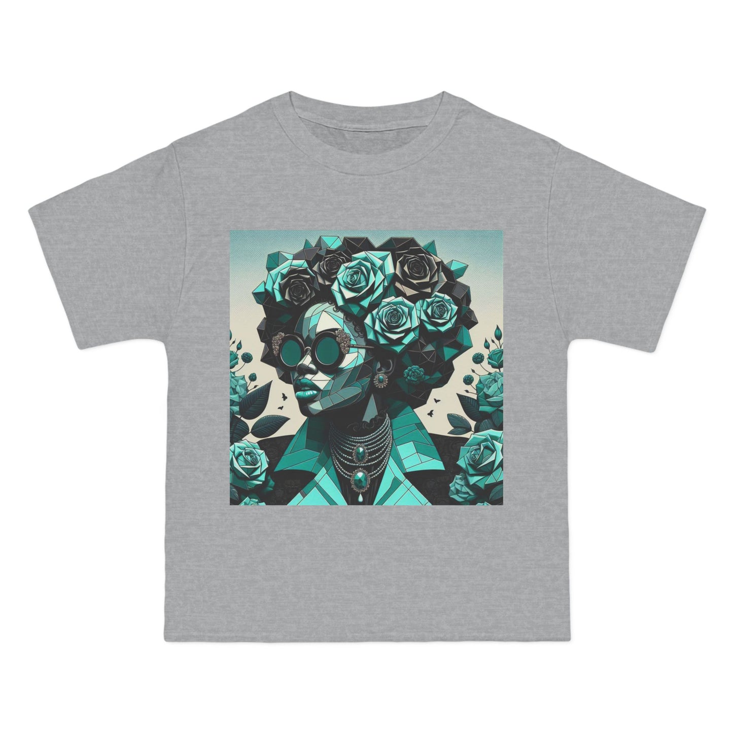 Trendy Floral Graphic Tee | Artistic Short-Sleeve Shirt, Fashionable Summer Top, Chic Gift for Her - Turquoise & Black Roses Lady