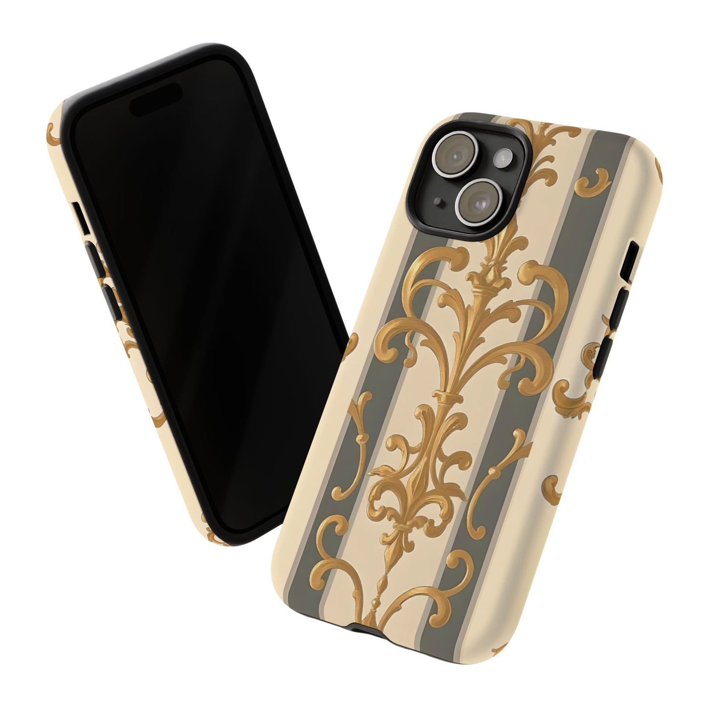Elegant Floral Motif Phone Case - Tough Cases with Vintage Design - Dusk Olive Striped Gold Damask