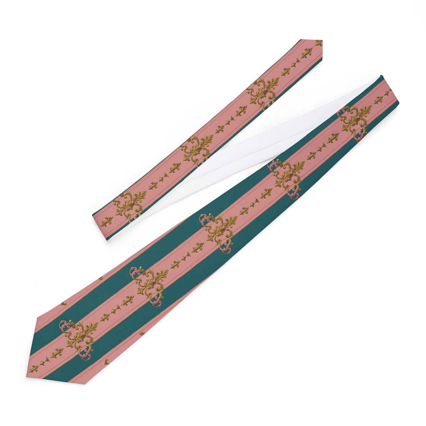 Elegant Floral Necktie, Formal Tie for Weddings, Business, Events, Gifts for Him, Stylish Neckwear - Pink & Teal Striped Gold Baroque