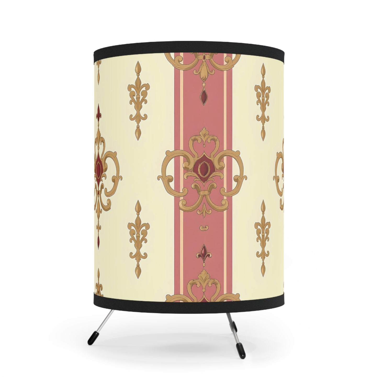 Elegant Tripod Lamp with Vintage Floral Print Shade - High-Res Home Accent - Mauve Striped Gold Damask