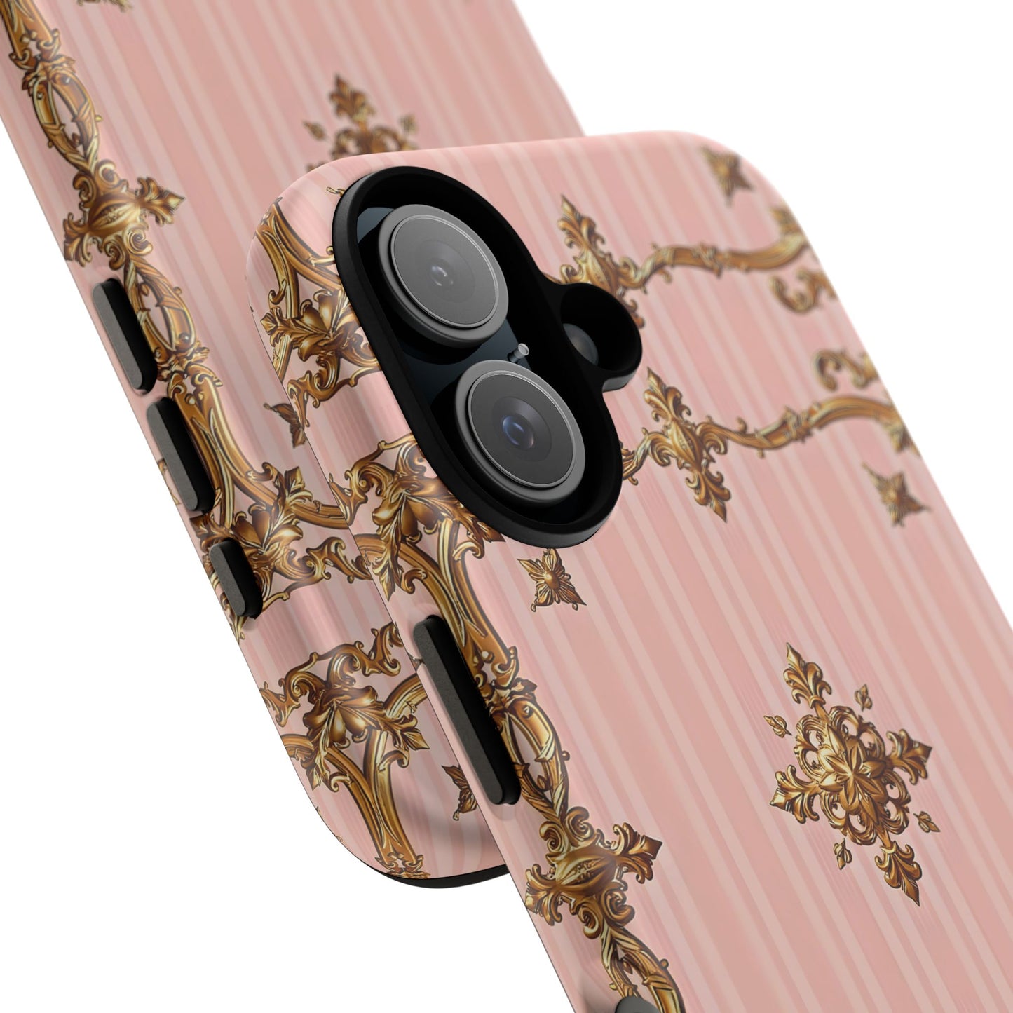 Elegant Floral Phone Case, Tough Cases for Women, Trendy Phone Cover, Chic Gift - Pink Striped Gold Baroque