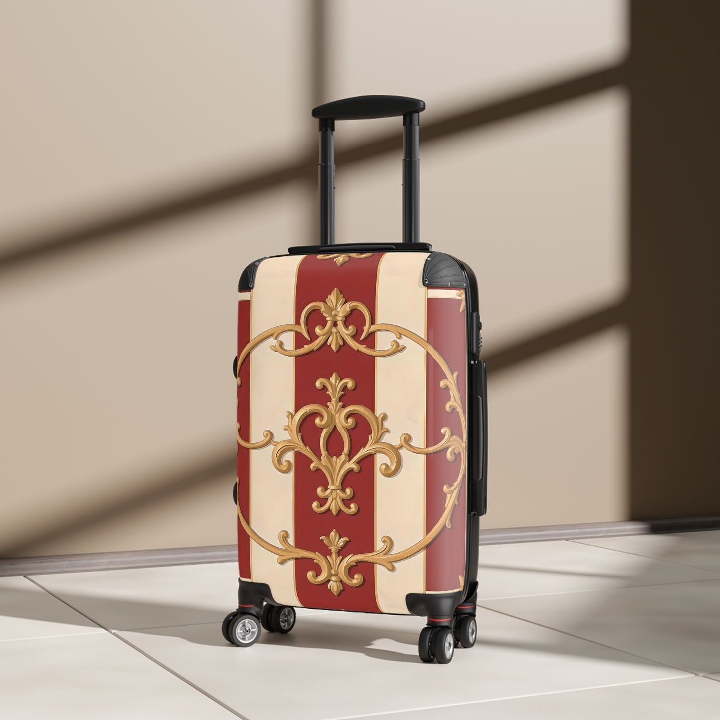 Elegant Travel Suitcase with Vintage Alabaster & Dusk Orange Striped Baroque Design