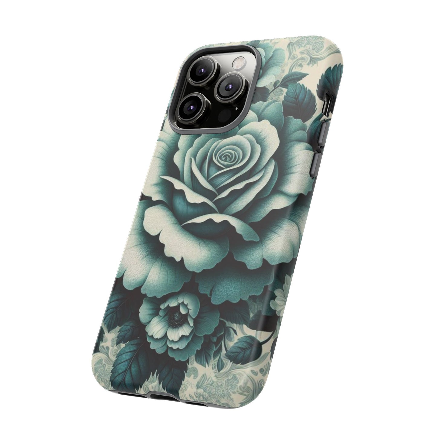 Elegant Floral Motif Phone Case - Tough Cases with Vintage Design - Teal Roses & Damask