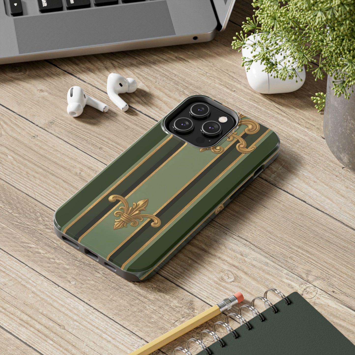 Elegant Tough Phone Cases - Baroque Design, Durable Cell Phone Covers, Unique Gifts for Her, Holiday Gifts - Green Striped Gold Baroque
