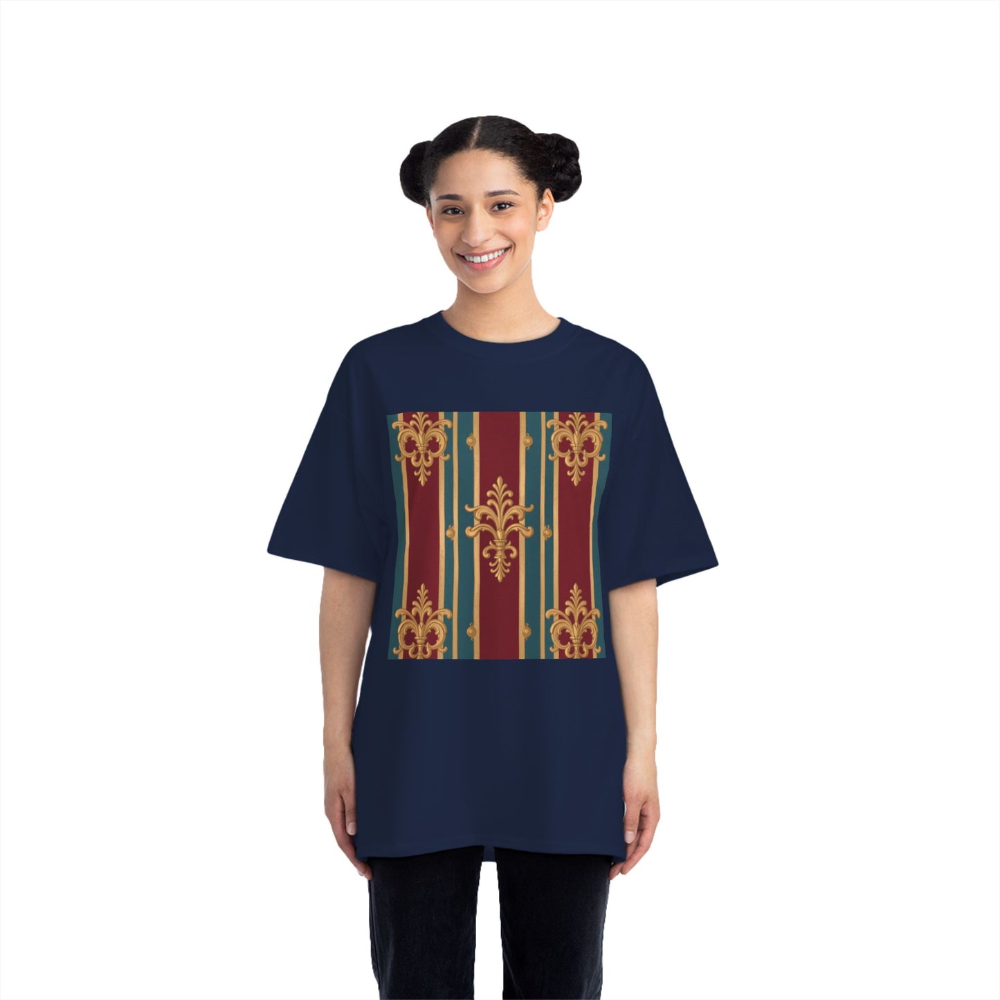 Elegant Vintage Patterned Beefy-T® Short-Sleeve T-Shirt | Casual Wear, Summer Tops, Unique Gift - Burgundy Striped Gold Baroque