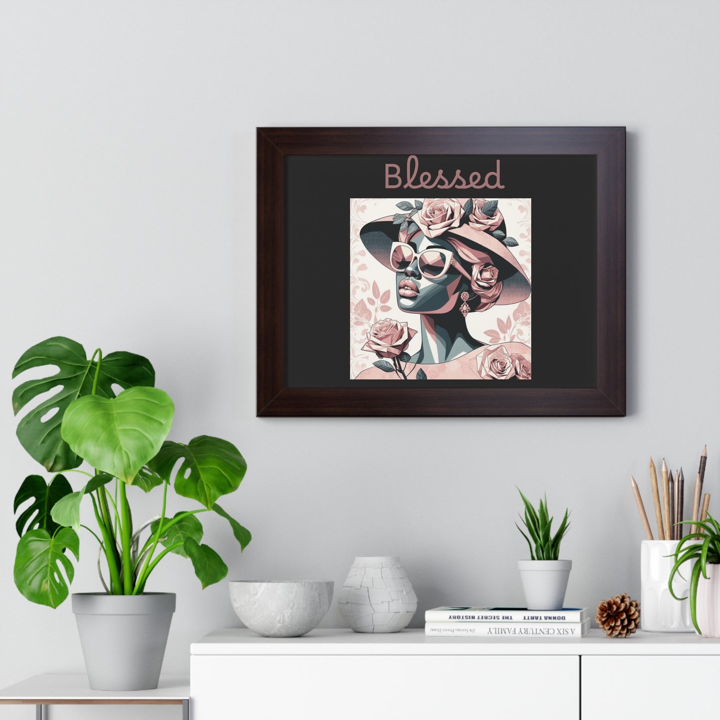 Framed Art Print: Blessed Floral Wall Decor, Inspirational Home Gift, Boho Art for Living Room, Stylish Gift for Friends, Modern Wall Art
