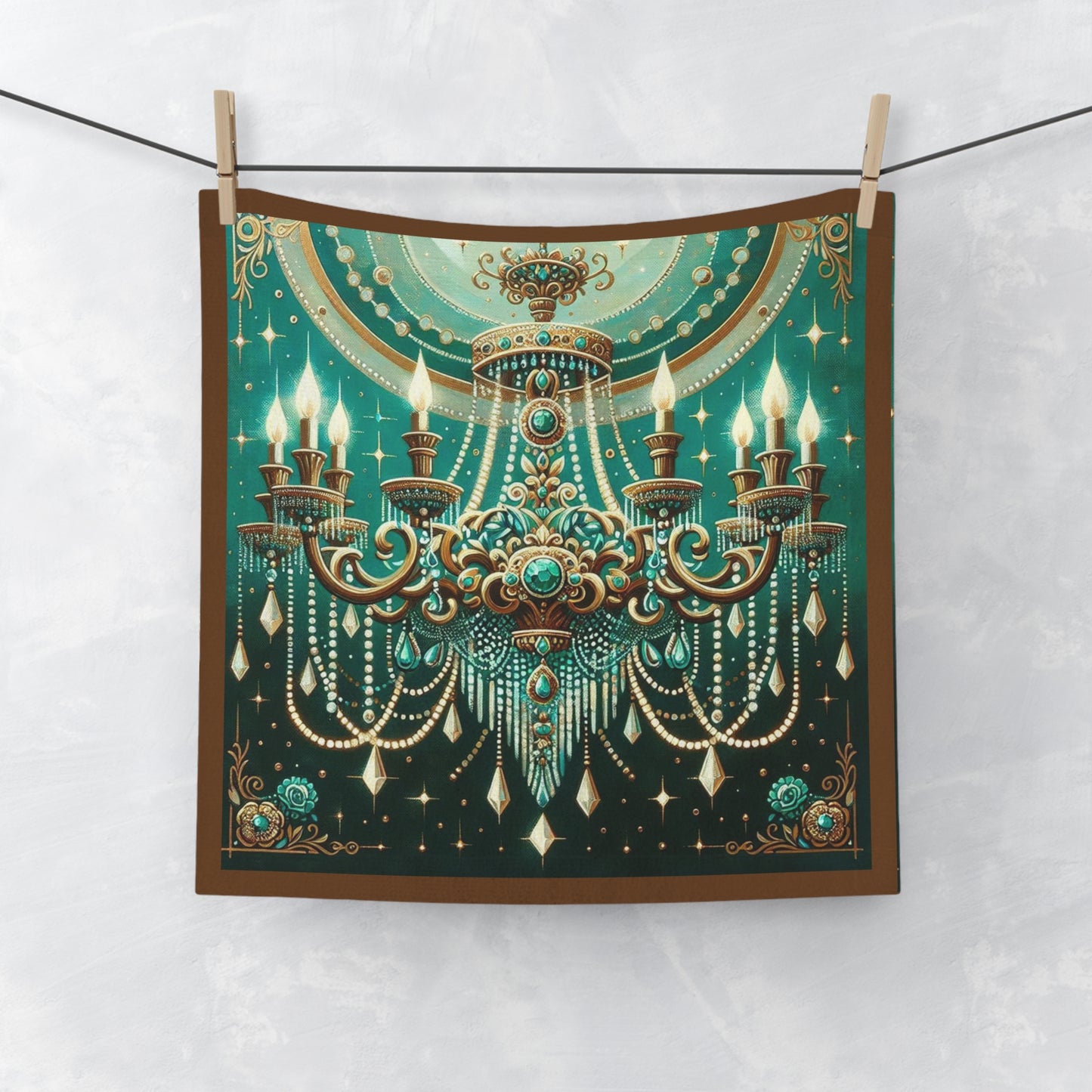Chandelier-Inspired Face Towel | Elegant Bathroom Accessories, Gift for Home Decor, Wedding Gift, Spa Towel - Green & Gold Jeweled Chandelier