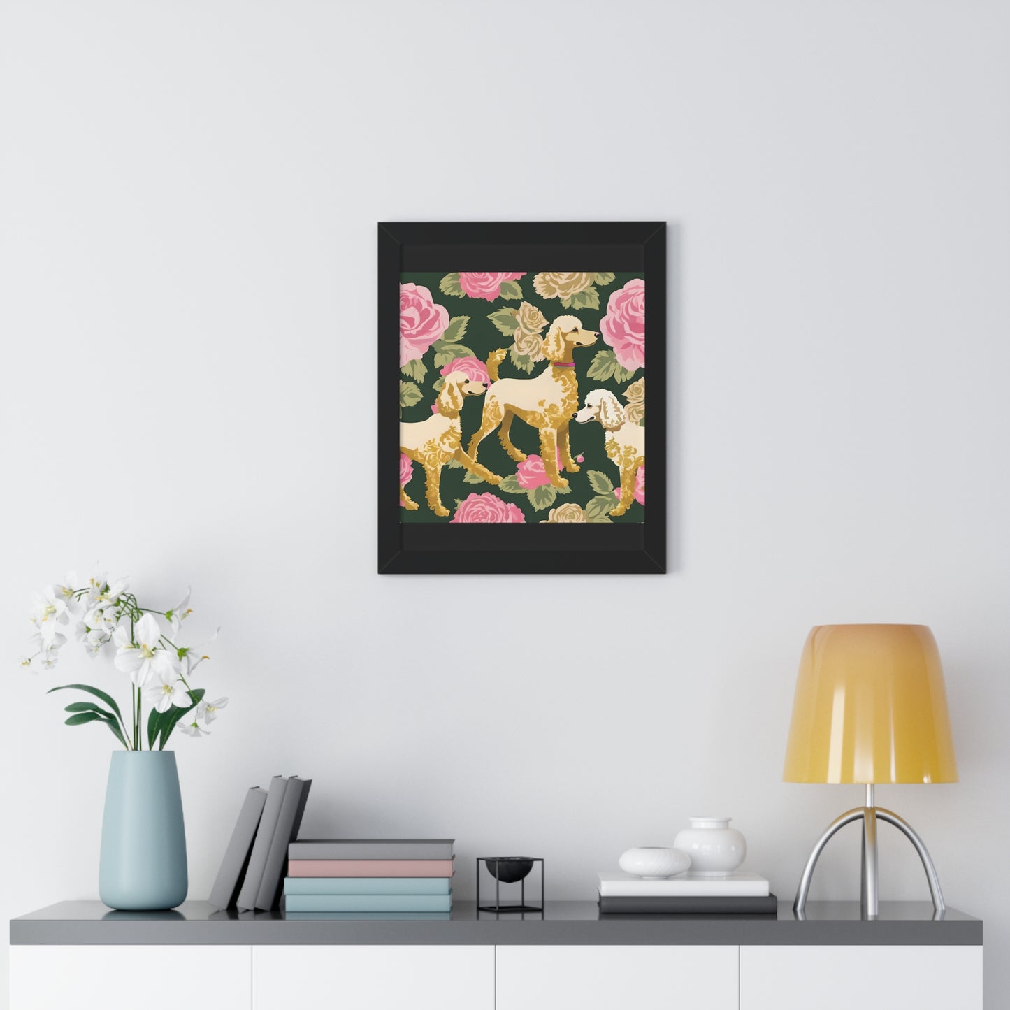 Vertical Poster - Stylish Framed - Art for Home Decor - Poodles In Dark Green & Pink Roses