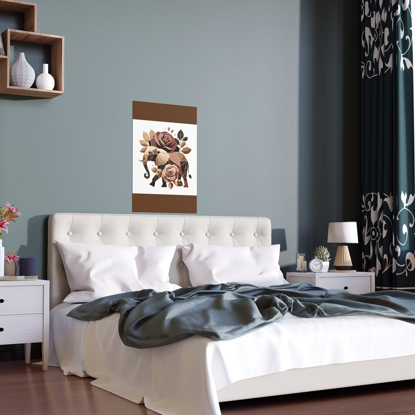 Elegant Floral Silk Poster - Indoor/Outdoor Wall Art for Home Decor - Brown & Gold Elephant & Roses