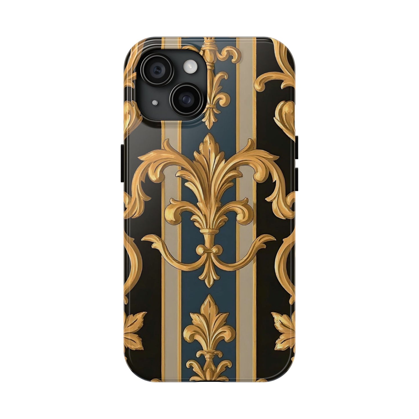 Elegant Rococo Phone Cases, Tough iPhone Case, Floral Design Case, Luxury Phone Cover - Blue & Black Striped Rococo