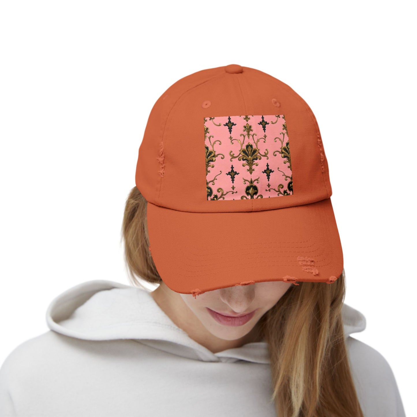 Chic Distressed Cap, Fashionable Baseball Hat, Casual Summer Headwear - Pink, Black & Gold Rococo