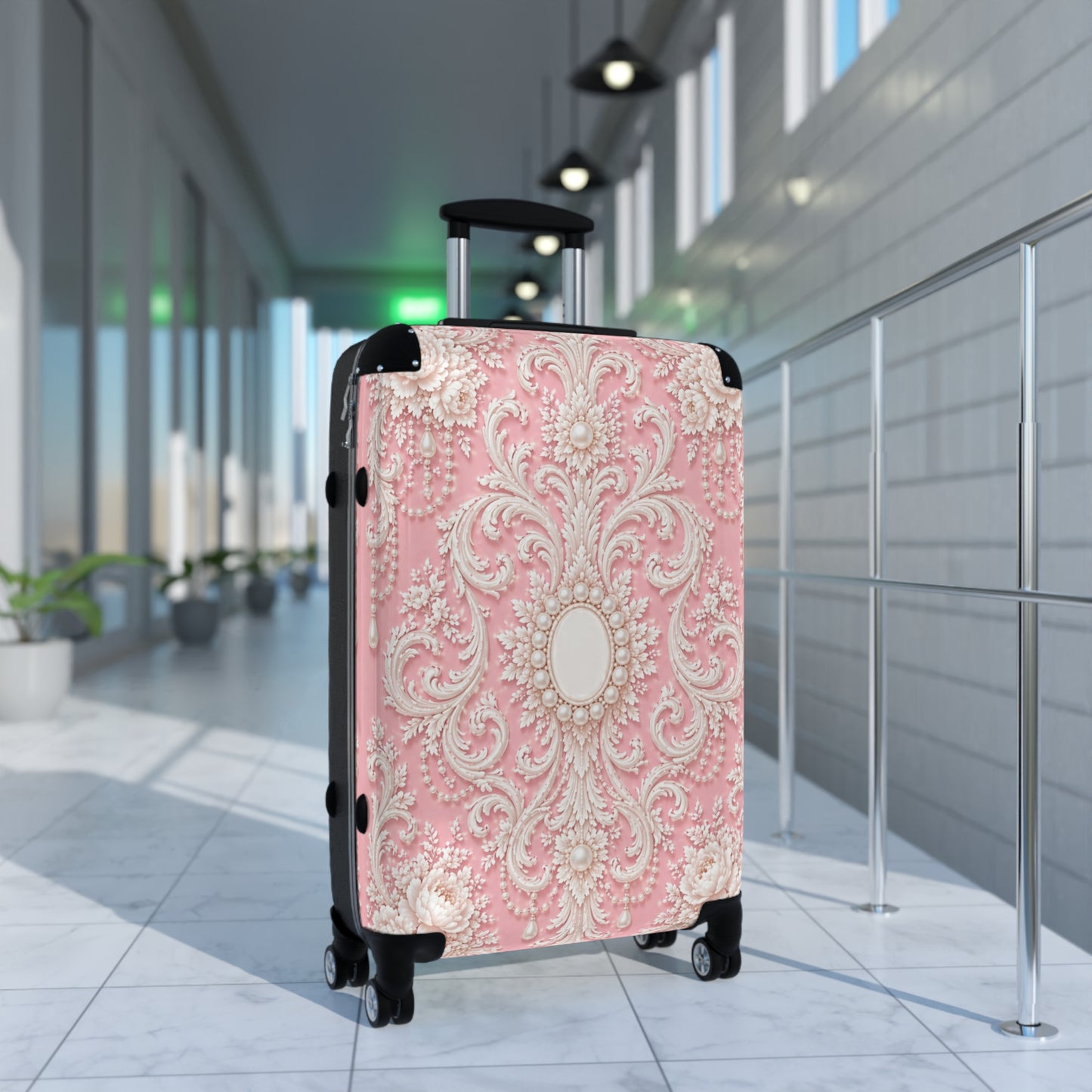 Pink Rococo Suitcase – Vintage Pearl Ornate Travel Luggage