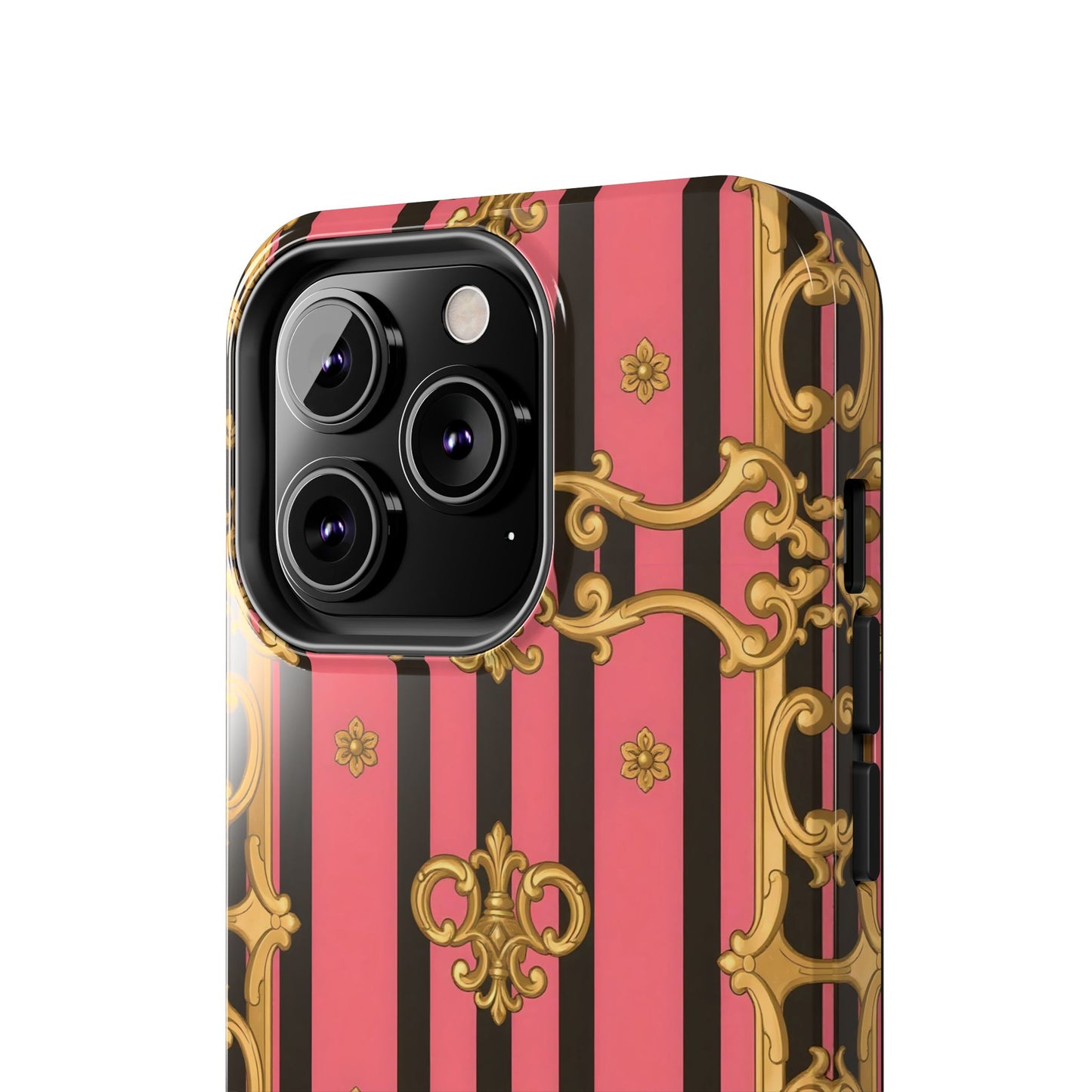 Elegant Baroque Tough Phone Cases, Stylish Protection, Gift for Her, Trendy Accessory - Pink & Black Striped Gold Baroque