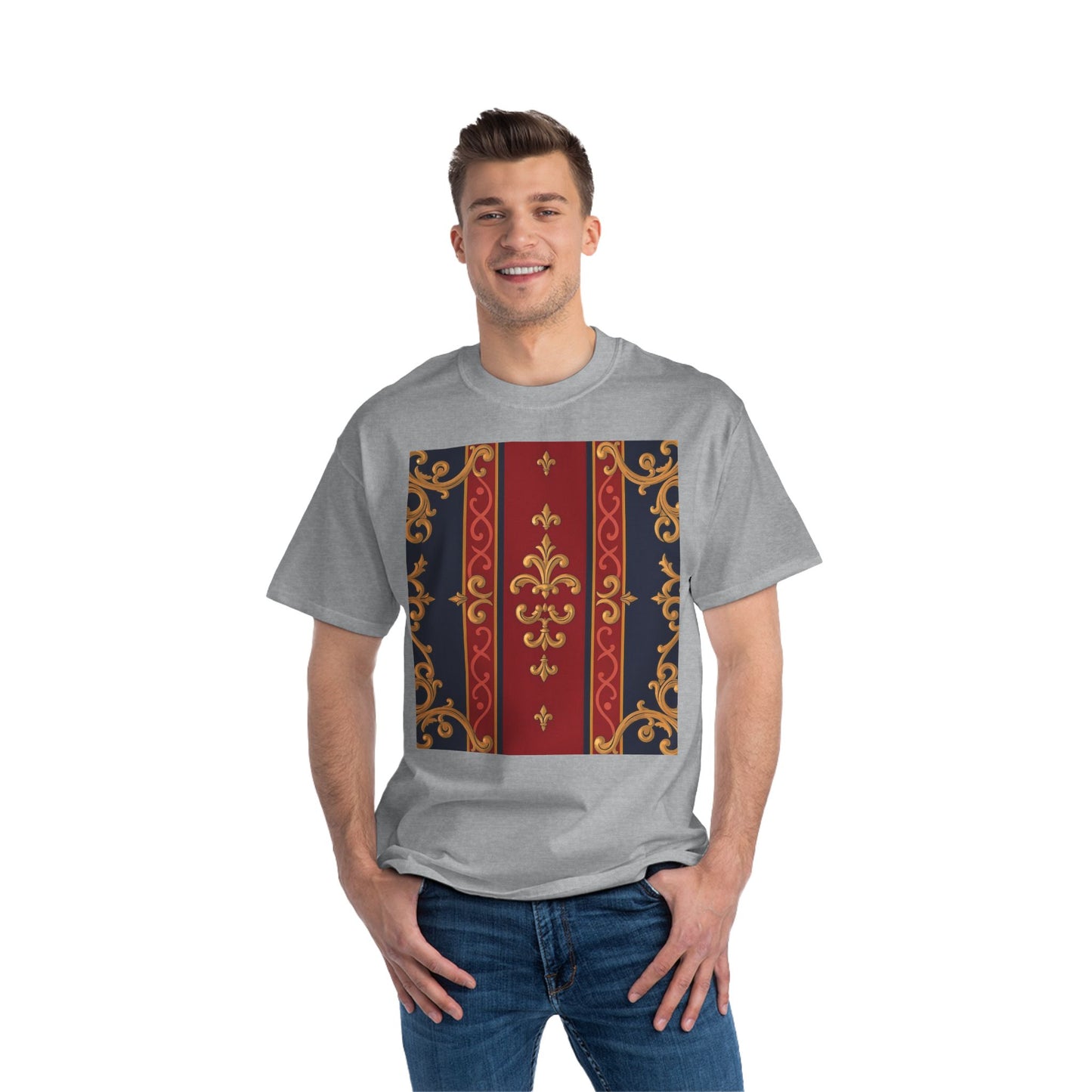 Elegant Patterned Short-Sleeve T-Shirt, Stylish Tee, Vintage Design Top, Casual Wear, Fashionable Gift - Midnight Blue & Dusk Red Gold Baroque