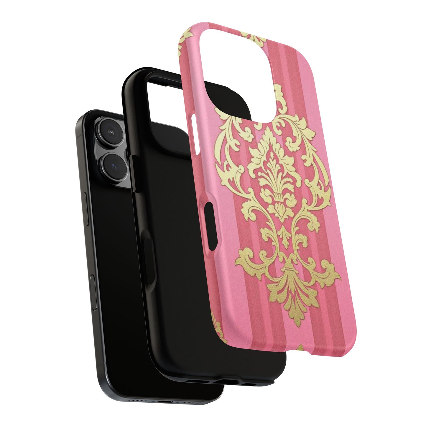 Elegant Floral Motif Phone Case - Tough Cases with Vintage Design - Pink Striped Damask