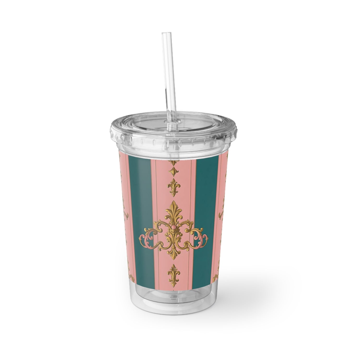 Stylish Acrylic Cup with Elegant Design, Perfect for Parties, Weddings, Gifts, Reusable Drinkware - Pink & Teal Striped Gold Baroque