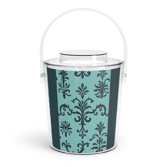 Elegant Vintage Ice Bucket with Tongs, Party Essential, Home Bar Accessory, Wedding Gift, Decorative Drink Cooler - Teal Striped Rococo