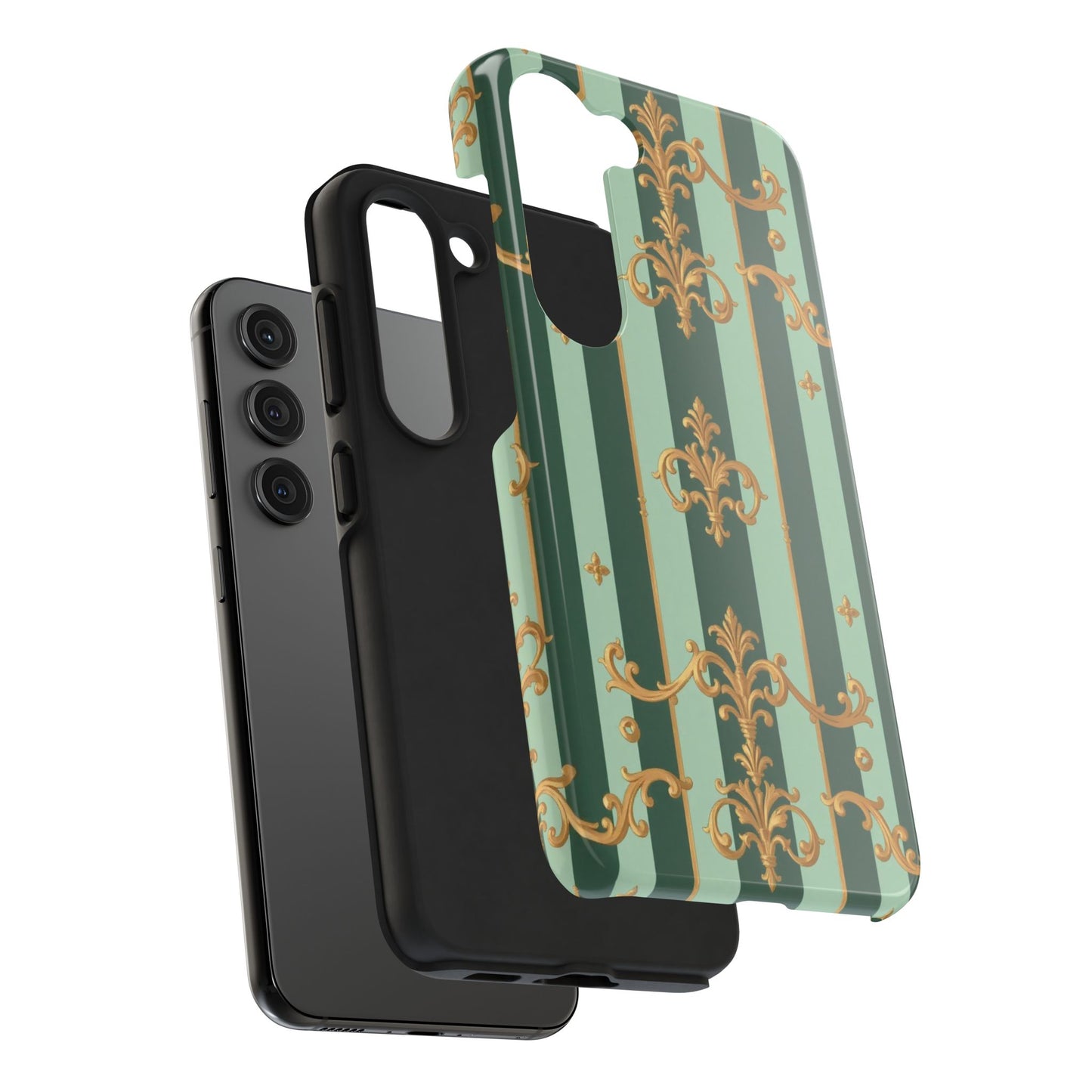 Elegant Floral Tough Phone Cases | Stylish Phone Protection, Gift for Her, Trendy Accessory, Unique Decor - Mint Green & Teal Striped Gold Baroque