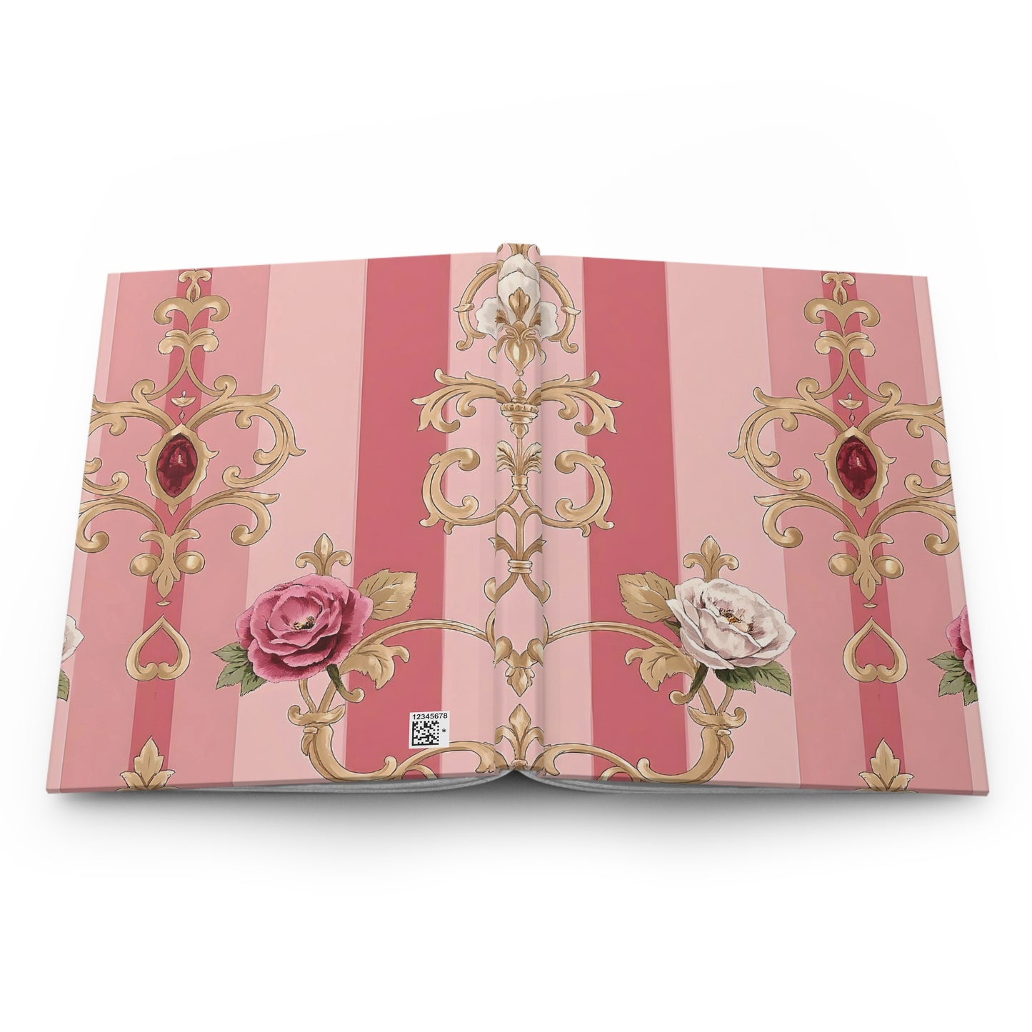Elegant Floral Motif Hardcover Journal - Stylish Writing Notebook - Pink Striped Gold Damask