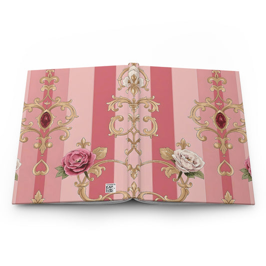 Elegant Floral Motif Hardcover Journal - Stylish Writing Notebook - Pink Striped Gold Damask