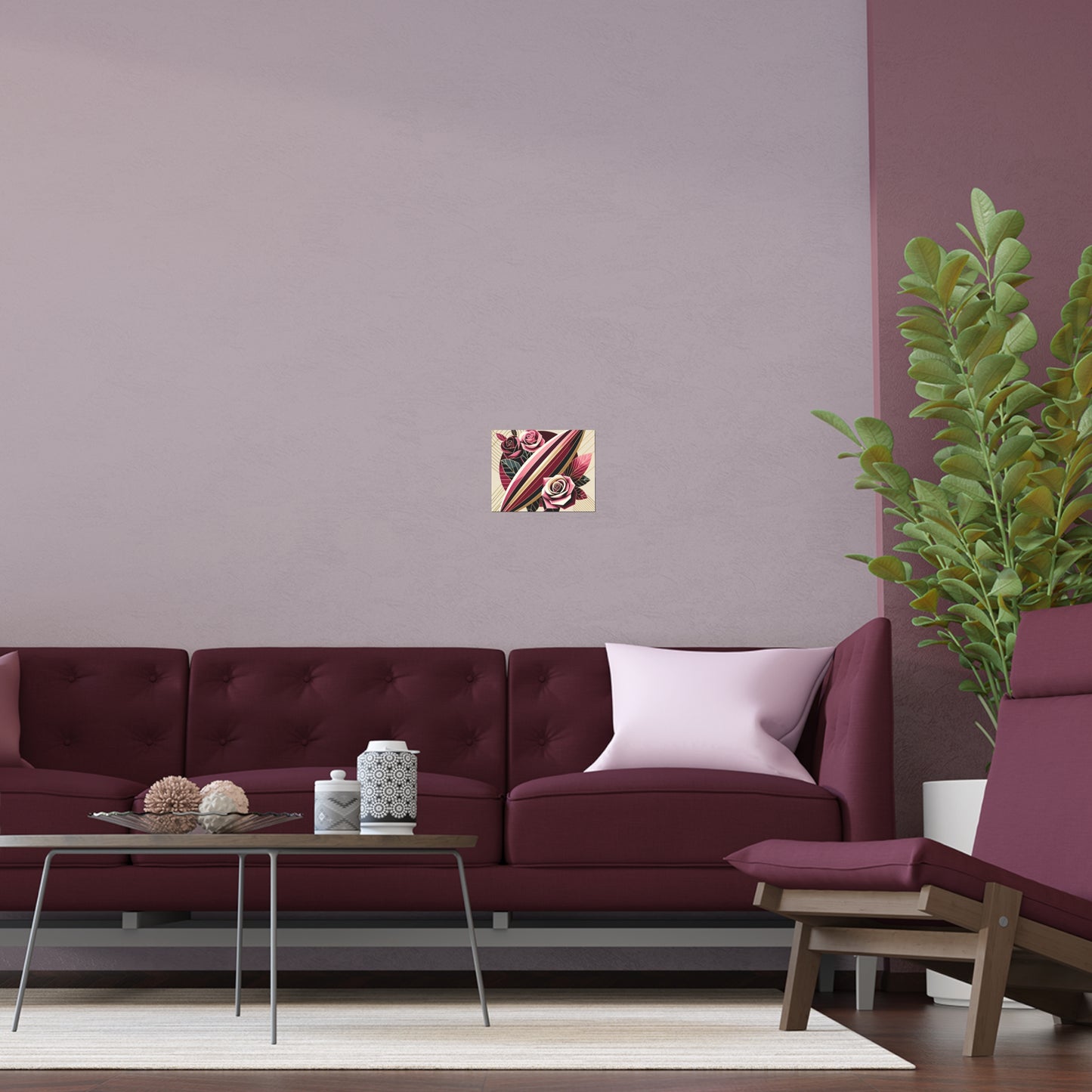 Elegant Floral Silk Poster - Indoor/Outdoor Wall Art for Home Decor - Pink & Burgundy Striped Surfboard & Roses