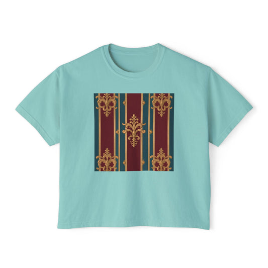 Vintage Floral Women's Boxy Tee, Casual Shirt, Graphic Tee, Everyday Wear, Gift for Her - Burgundy Striped Gold Baroque