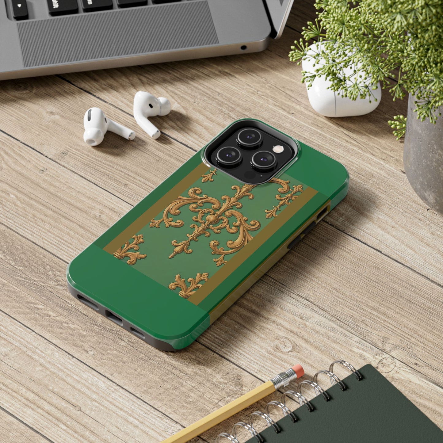 Elegant Floral Tough Phone Case, Durable Phone Cover, Gifts for Her, Stylish Protection, Chic Phone Accessory - Olive Green Striped Rococo
