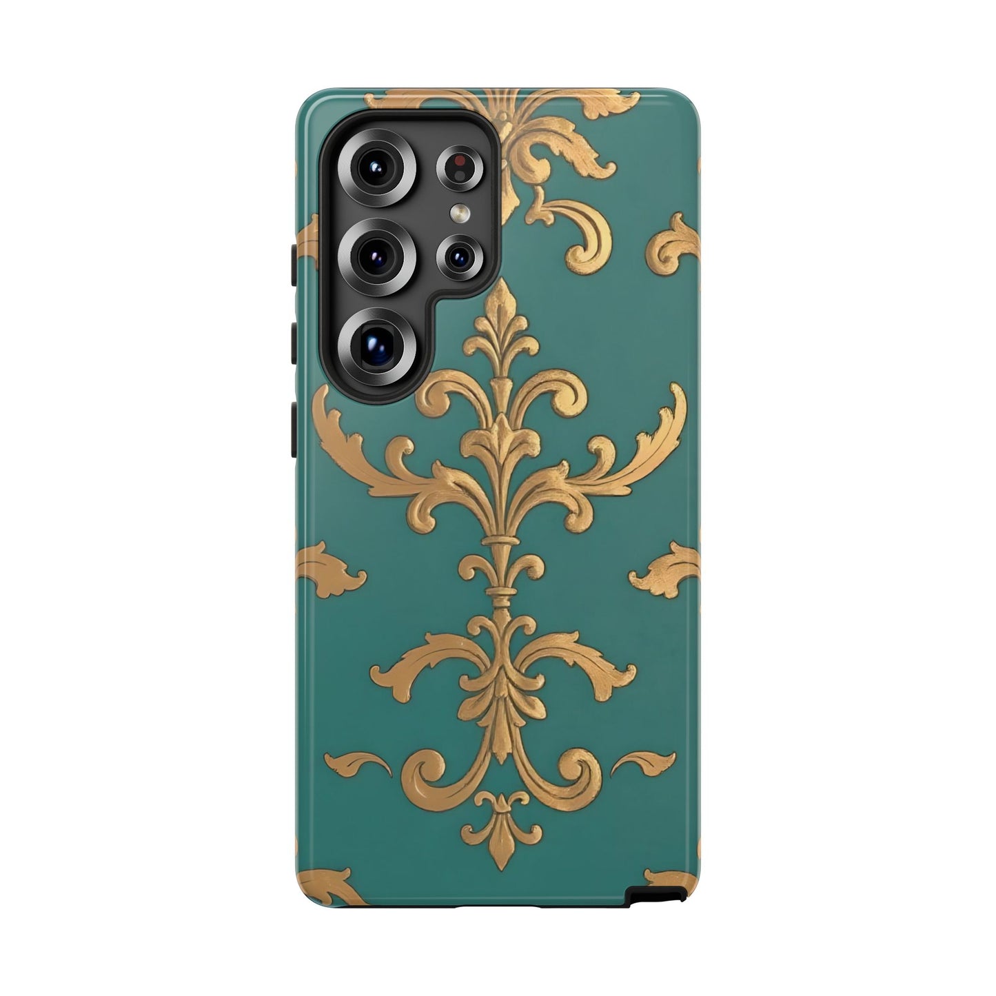 Elegant Floral Motif Phone Case - Tough Cases with Vintage Design - Aqua & Gold Damask