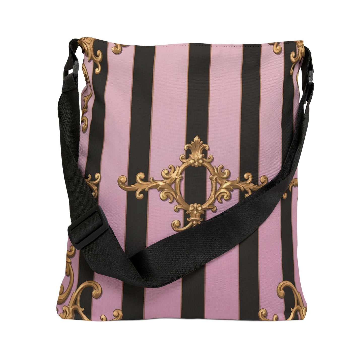 Chic Adjustable Tote Bag, Stylish Crossbody Bag for Daily Use, Elegant Pink Striped Bag - Matte Lavender & Black Striped Gold Baroque