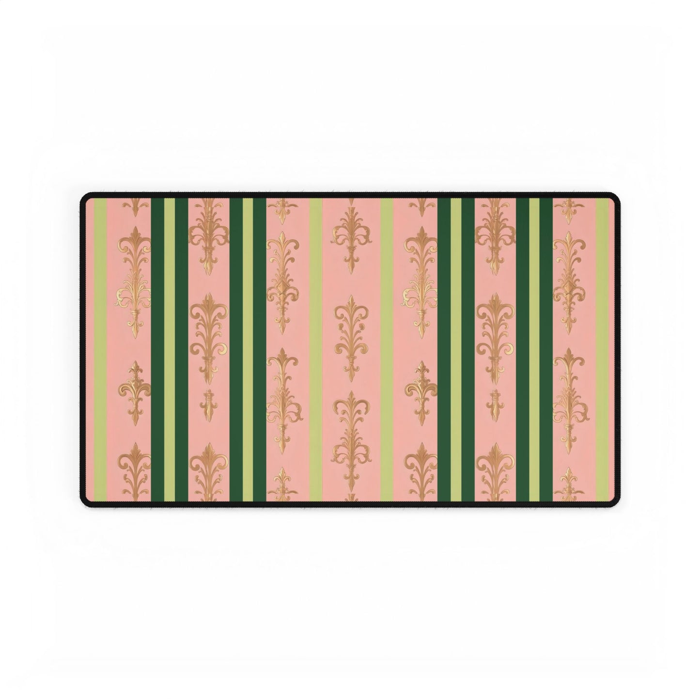 Elegant Floral Motif Desk Mat for Home Office Decor - Lime Green & Pink Striped Damask