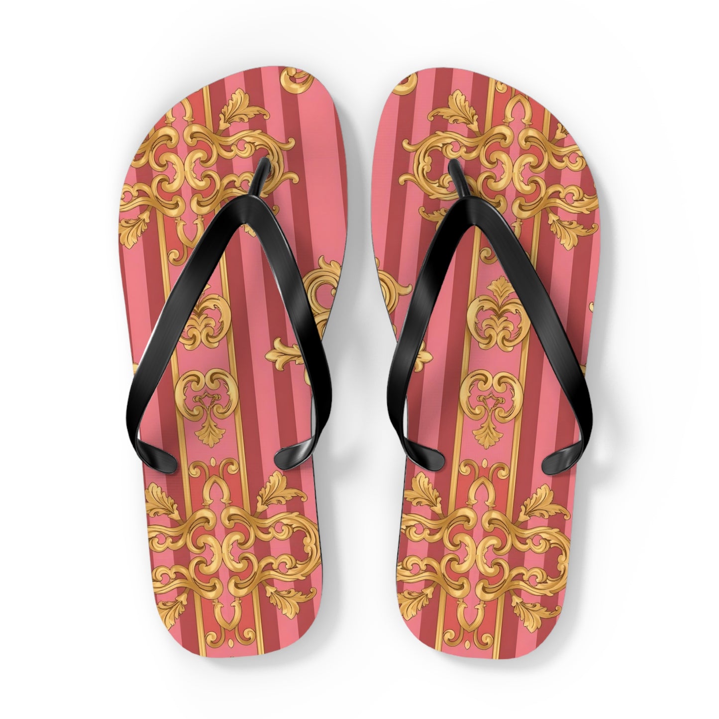 Elegant Floral Flip Flops, Summer Sandals, Beach Accessories, Vacation Footwear, Stylish Slip-Ons - Pink Striped Gold Baroque