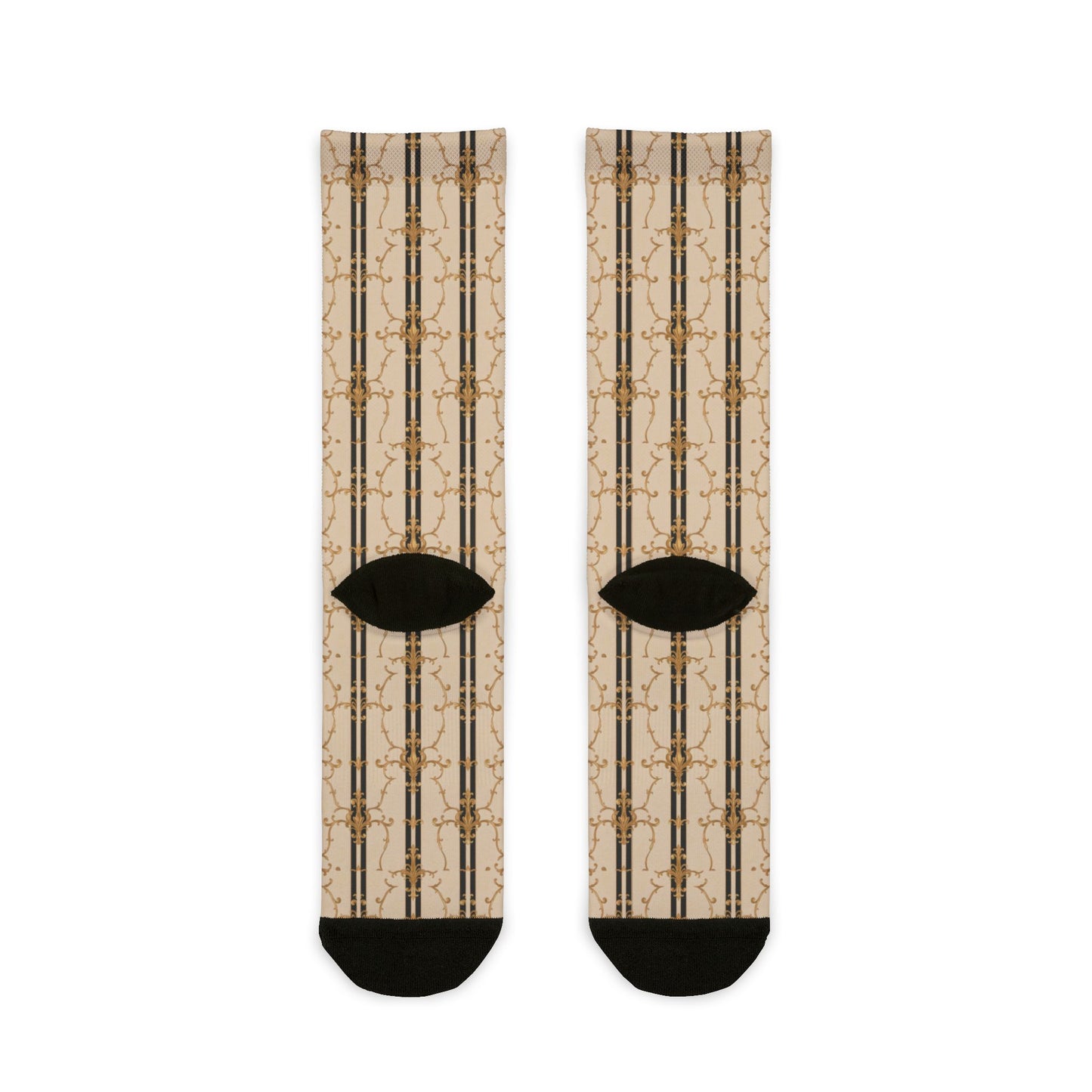 Chic Patterned Crew Socks - Stylish Comfortable Socks, Unique Gift, Trendy Accessories - Black & Beige Striped Damask