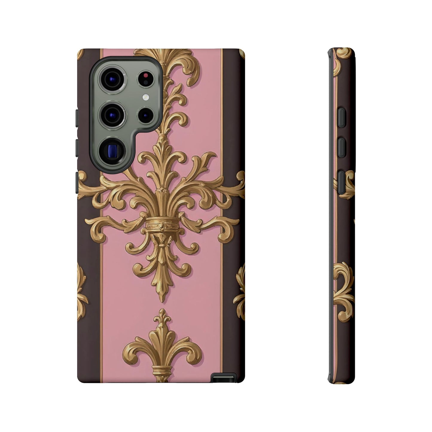 Elegant Floral Motif Phone Case - Tough Cases with Vintage Design - Pink & Brown Striped Gold Damask