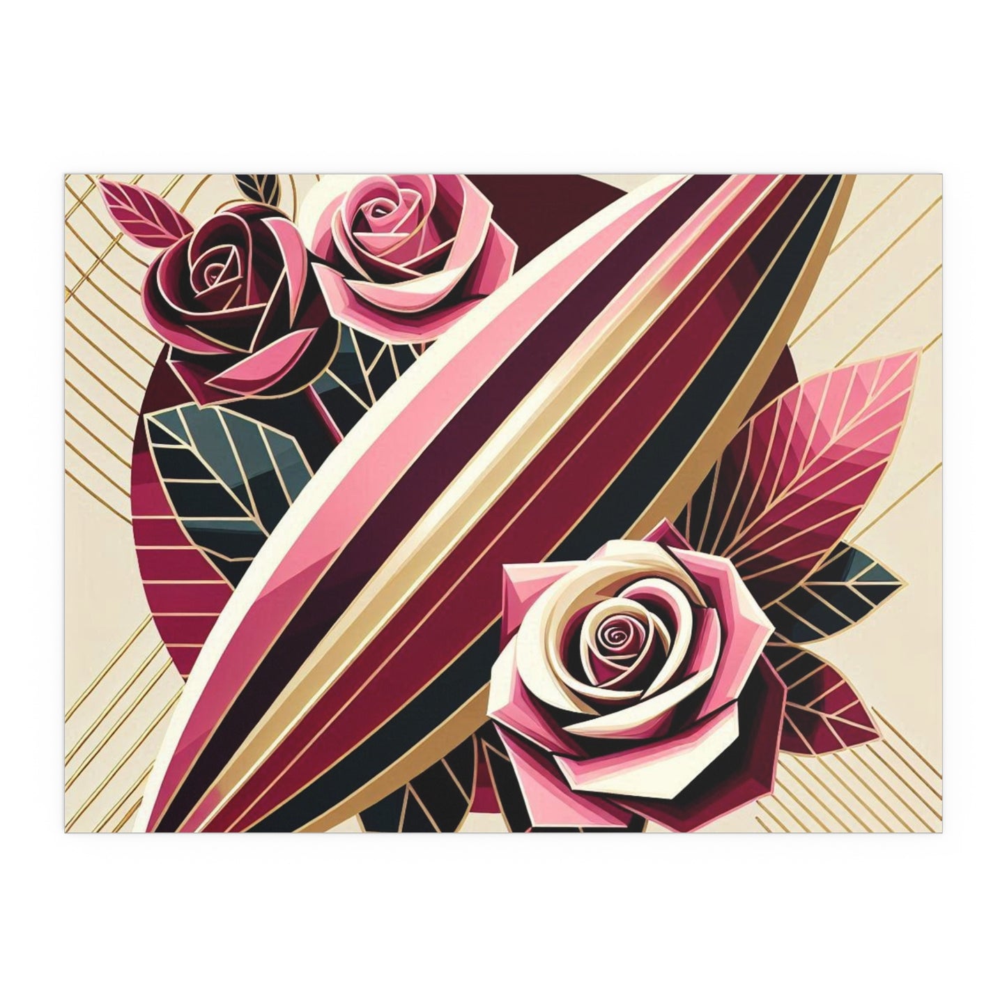 Elegant Floral Silk Poster - Indoor/Outdoor Wall Art for Home Decor - Pink & Burgundy Striped Surfboard & Roses