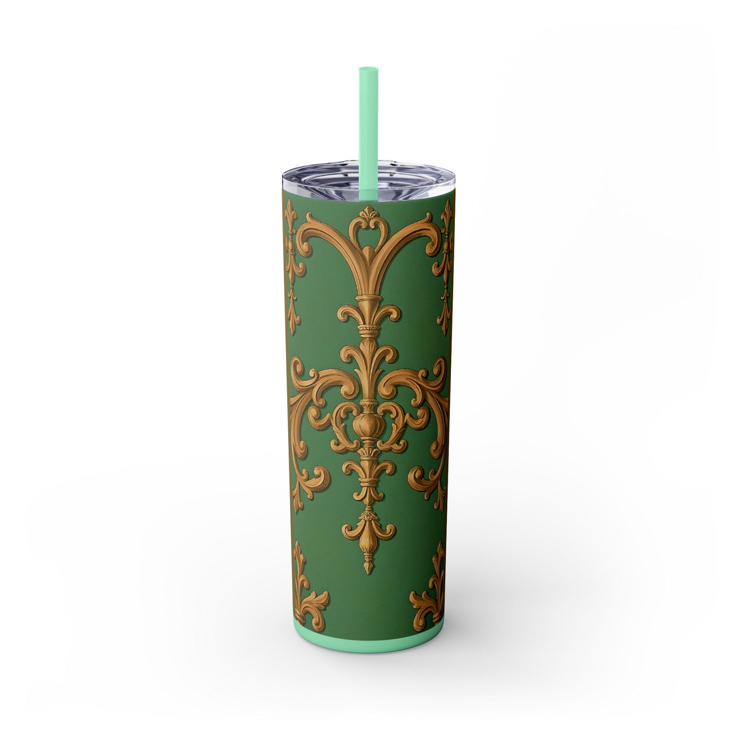 Elegant Green Pattern Skinny Tumbler with Straw, Stylish Drinkware, Gift for Her, Travel Mug, Home Decor, Floral Design - Olive Green Striped Rococo