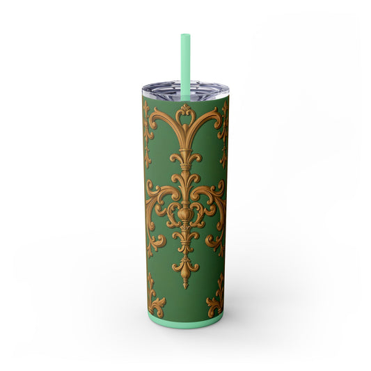 Elegant Green Pattern Skinny Tumbler with Straw, Stylish Drinkware, Gift for Her, Travel Mug, Home Decor, Floral Design - Olive Green Striped Rococo