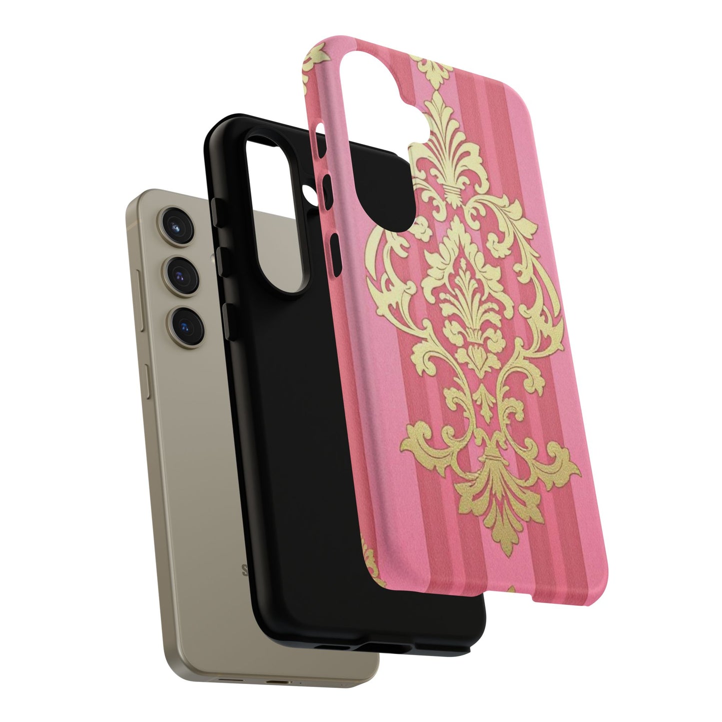 Elegant Floral Motif Phone Case - Tough Cases with Vintage Design - Pink Striped Damask