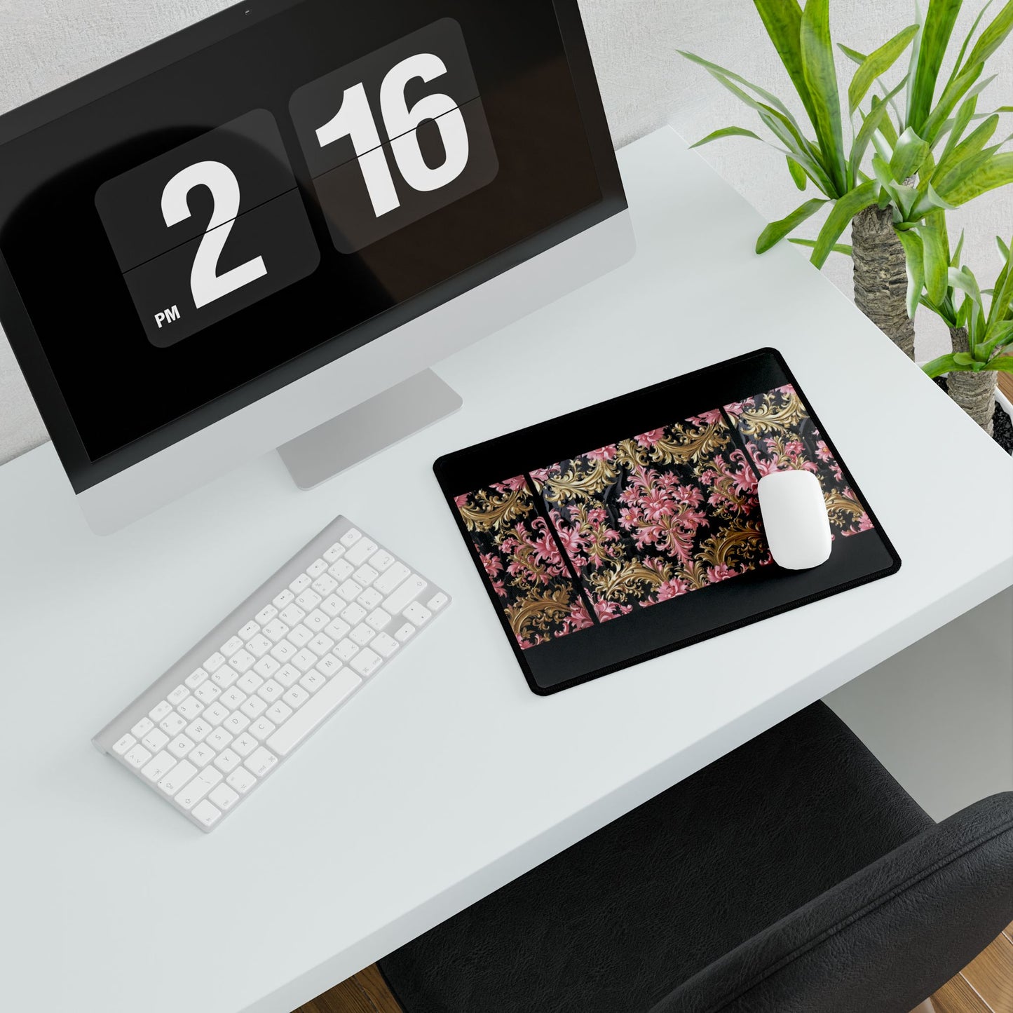 Elegant Floral Desk Mat, Office Decor, Home Office Accessories, Gift for Her, Desk Organizer - Black & Pink Oil Painting Style Rococo