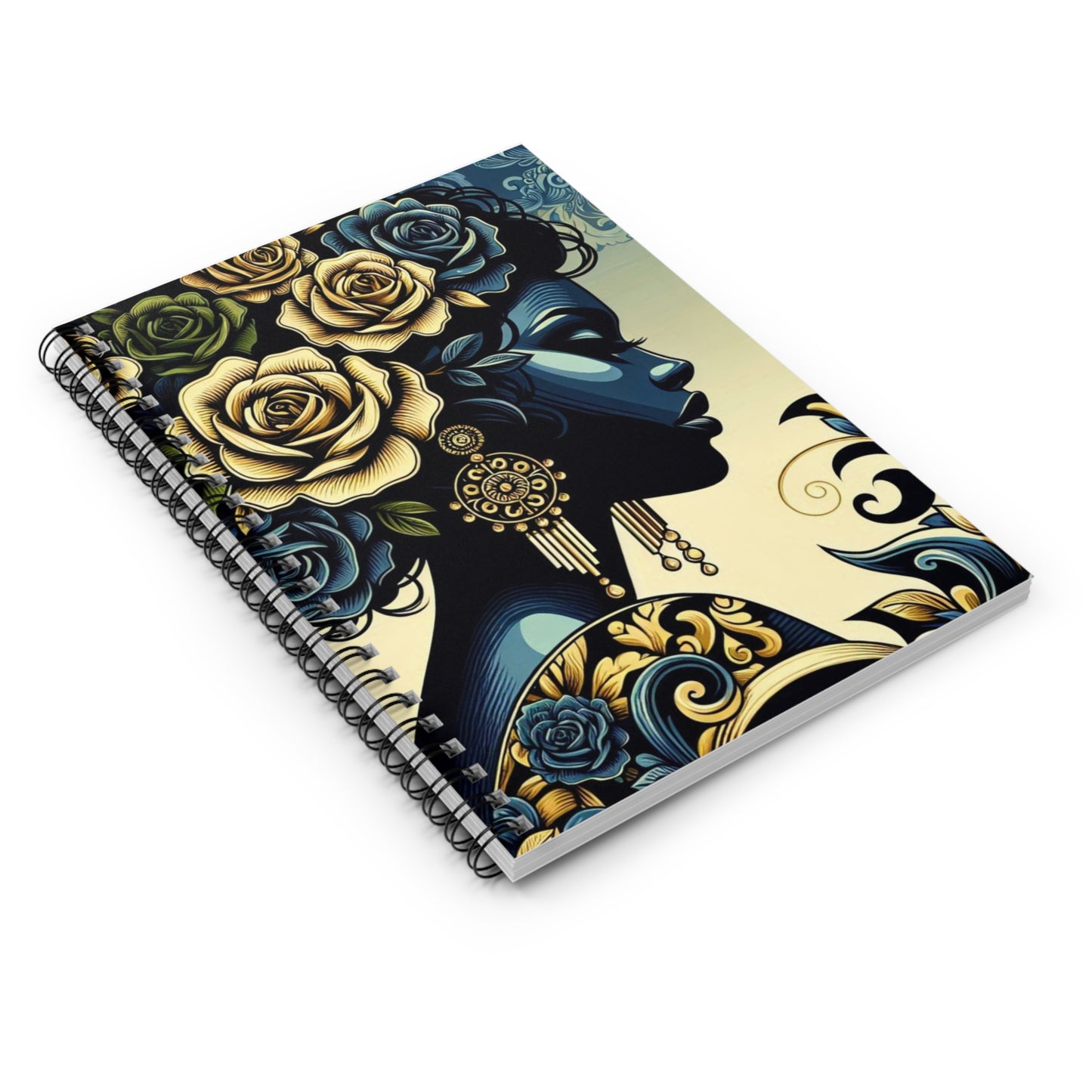 Elegant Vintage Spiral Notebook - Ruled Line with Midnight Blue Lady & Damask Design