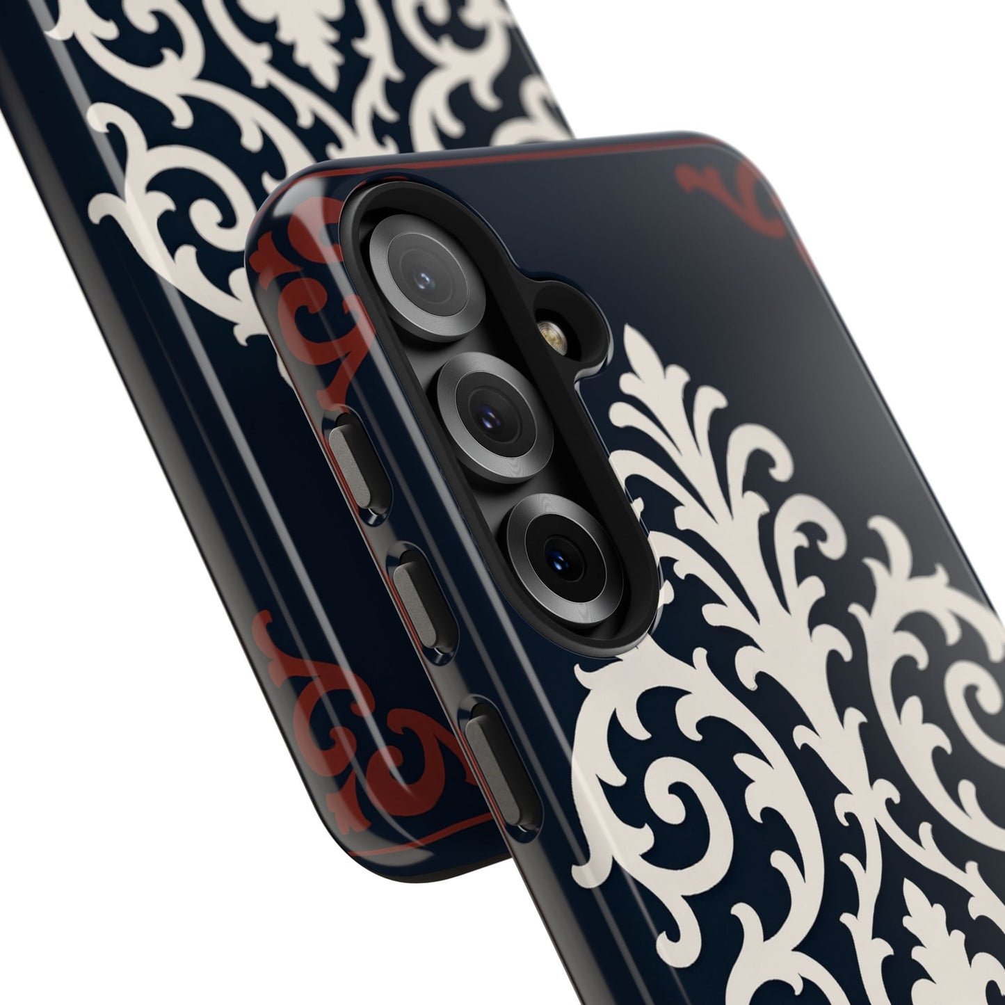 Dusk Blue-Maroon & White Baroque Tough Phone Case — Vintage Scroll Design